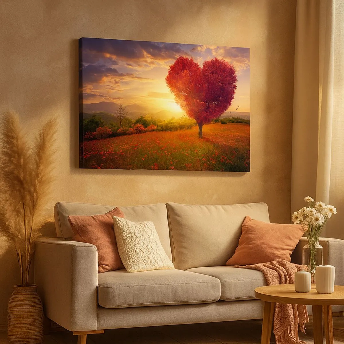 Cuadro sobre lienzo - Impresión de Imagen - Árbol en forma de corazón al atardecer - 70x50cm - Te atrapa el corazón - Decoración de pared moderna para salón y dormitorio ARTTOR