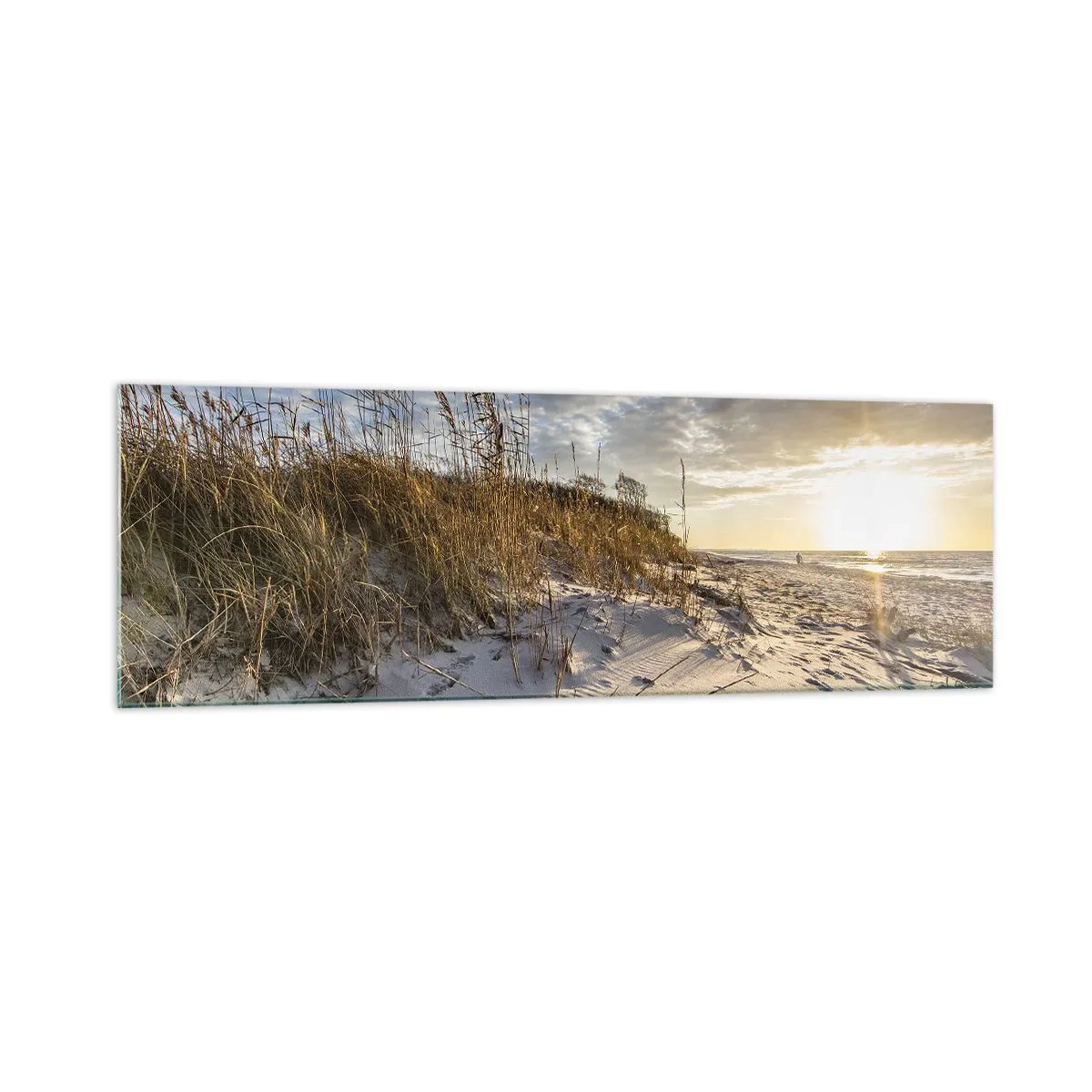 Cuadro sobre vidrio - Impresiones sobre Vidrio - Dunas con hierba y huellas en la arena al atardecer - 160x50cm - Invitación a un paseo - Decoración de pared moderna para salón y dormitorio ARTTOR