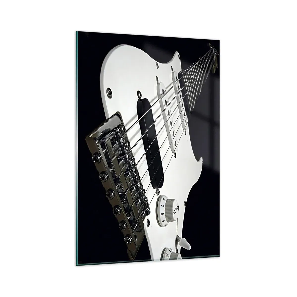 Cuadro sobre vidrio - Impresiones sobre Vidrio - Primer plano de una guitarra eléctrica blanca sobre fondo negro. - 80x120cm - Oculto en blanco está el sonido - Decoración de pared moderna para salón y dormitorio ARTTOR