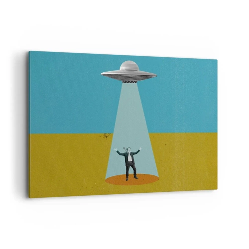 Cuadro sobre lienzo - Impresión de Imagen - Un hombre a la luz de un OVNI sobre el fondo de un paisaje colorido. - 100x70cm - Un encuentro cercano - Decoración de pared moderna para salón y dormitorio ARTTOR