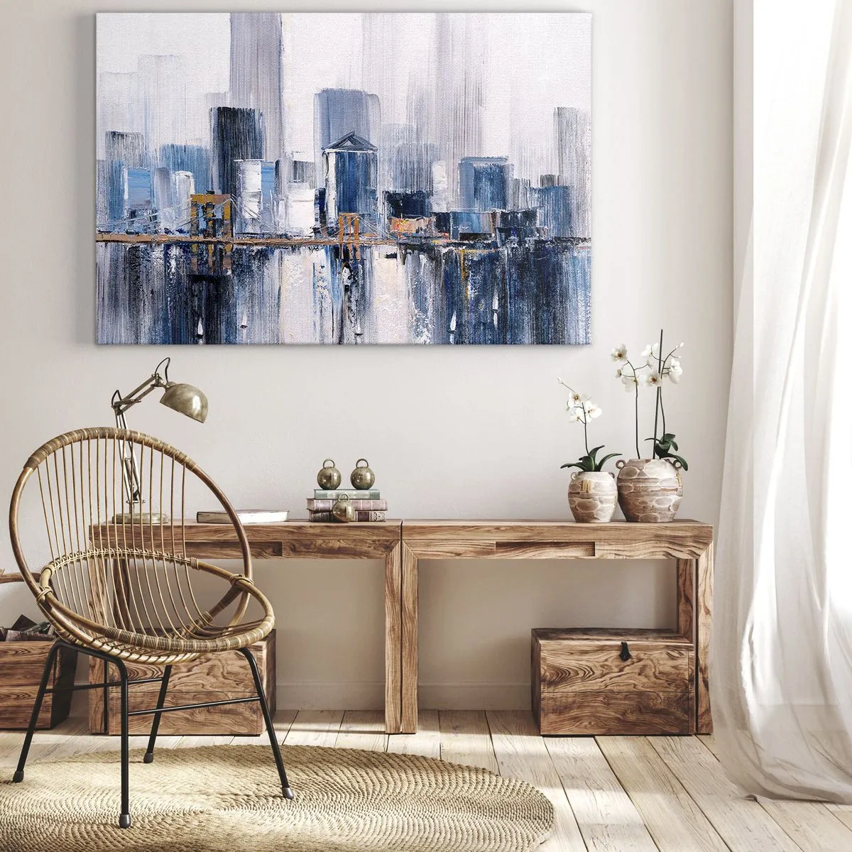 Cuadro sobre lienzo - Impresión de Imagen - Panorama abstracto de la ciudad con tonos de azul y amarillo - 120x80cm - Impresión neoyorquina - Decoración de pared moderna para salón y dormitorio ARTTOR