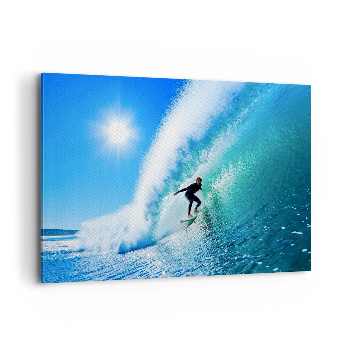 Cuadro sobre lienzo - Impresión de Imagen - Un surfista en una tabla se desliza dentro de una poderosa ola bajo un cielo azul. - 120x80cm - A través de la gran ola - Decoración de pared moderna para salón y dormitorio ARTTOR