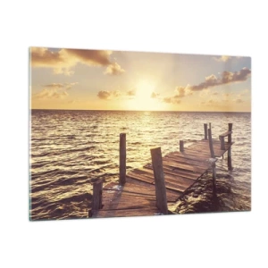 Cuadro sobre vidrio - Impresiones sobre Vidrio - Un embarcadero de madera con el sol poniente como telón de fondo - 120x80cm - Una tierra dorada de dulzura - Decoración de pared moderna para salón y dormitorio ARTTOR