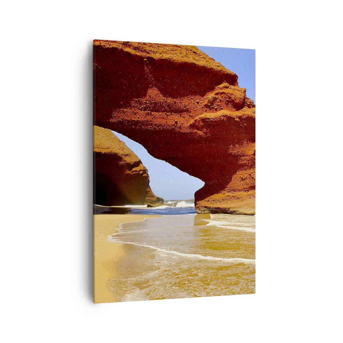 Cuadro sobre lienzo - Impresión de Imagen - Un arco de roca natural en una playa con cielos azules y olas. - 70x100cm - El agua y el viento a través de miles de años - Decoración de pared moderna para salón y dormitorio ARTTOR