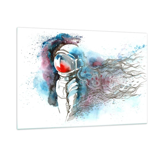 Cuadro sobre vidrio - Impresiones sobre Vidrio - Astronauta en un dinámico entorno espacial de acuarela - 120x80cm - A solas con el cosmos - Decoración de pared moderna para salón y dormitorio ARTTOR