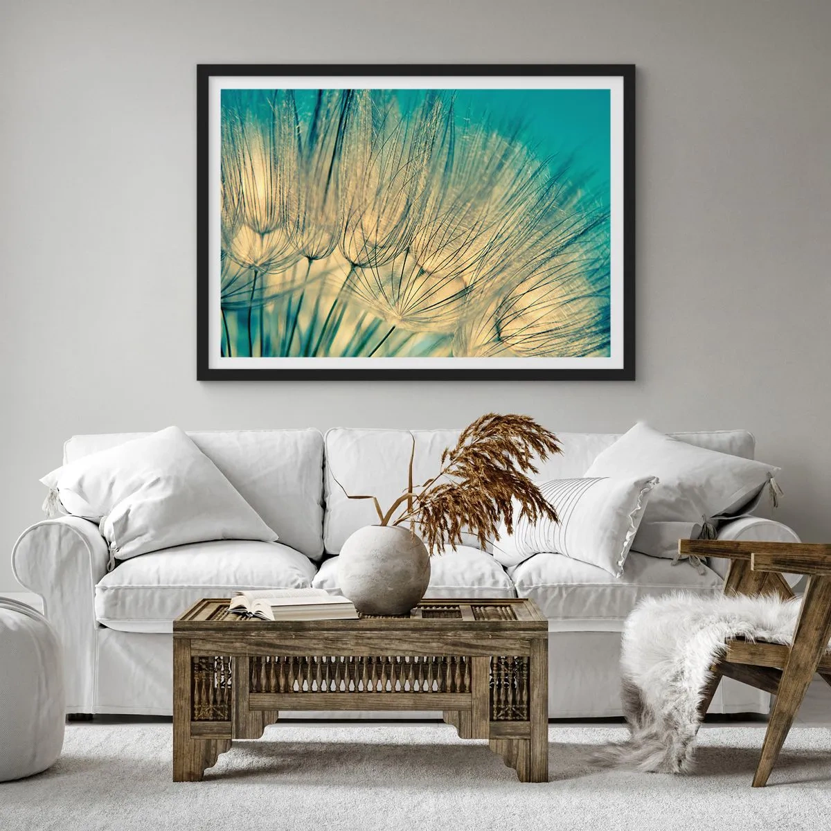 Póster en marco negro - Fotografía macro de dientes de león a la luz del día. - 70x50cm - Esperando el viento - Decoración de pared moderna para salón y dormitorio ARTTOR
