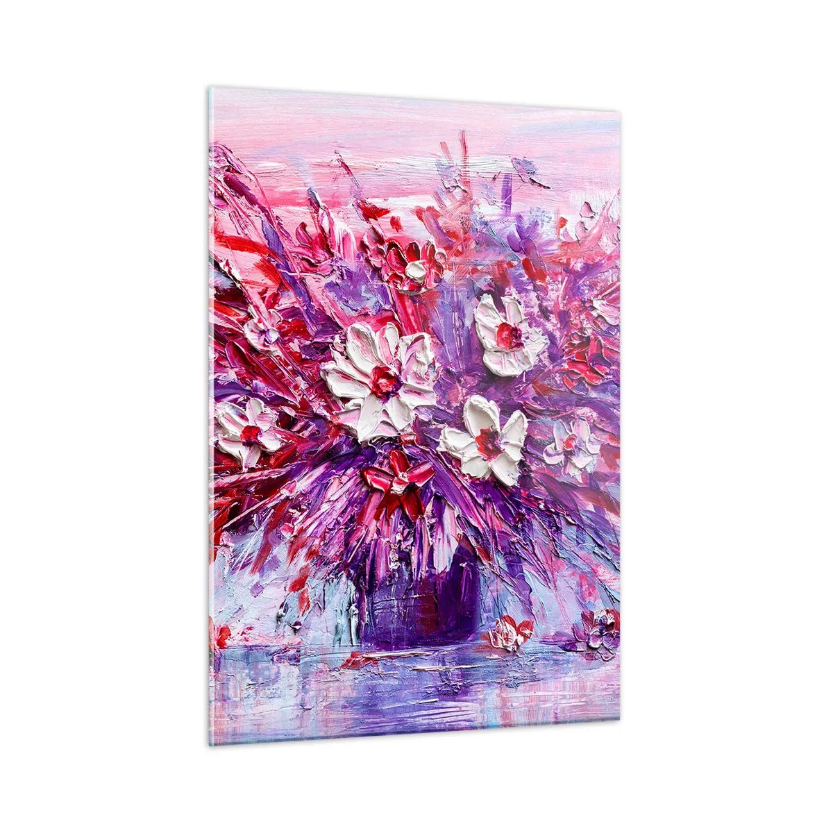 Cuadro sobre vidrio - Impresiones sobre Vidrio - Un ramo de flores en tonos rosa y morado. - 50x70cm - Inocencia y pasión - Decoración de pared moderna para salón y dormitorio ARTTOR