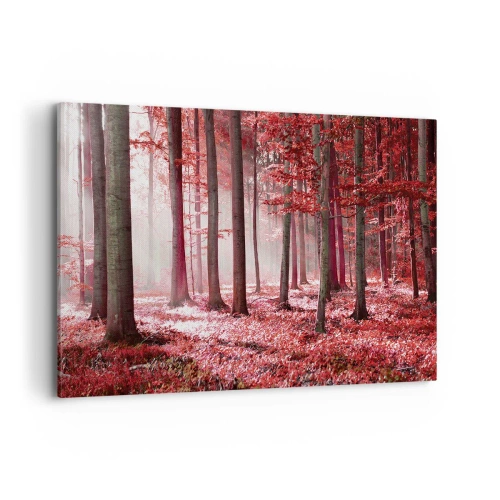 Cuadro sobre lienzo - Impresión de Imagen - Un impresionante bosque en tonos rojos con rayos de luz que penetran a través de los árboles. - 120x80cm - Rojo como el que más - Decoración de pared moderna para salón y dormitorio ARTTOR