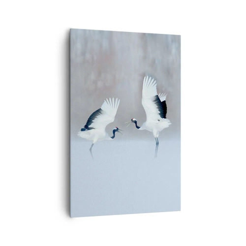 Cuadro sobre lienzo - Impresión de Imagen - Dos grullas bailando en un paisaje brumoso - 80x120cm - Danza en la niebla - Decoración de pared moderna para salón y dormitorio ARTTOR