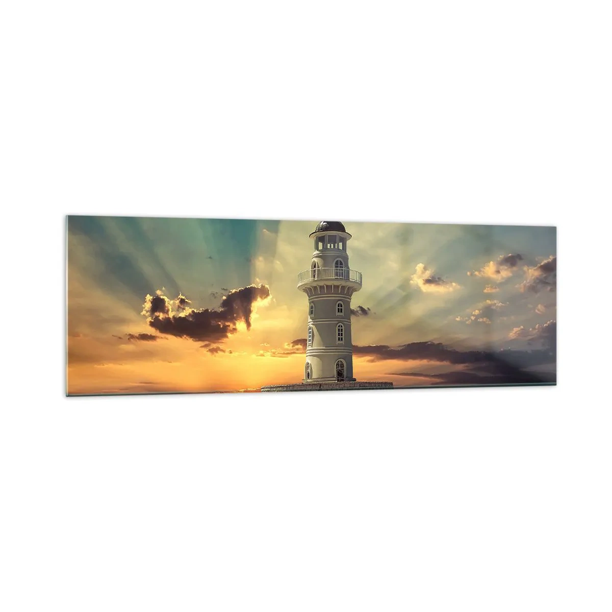 Cuadro sobre vidrio - Impresiones sobre Vidrio - Un faro al atardecer contra el cielo. - 160x50cm - Luz - Bondad - Belleza - Decoración de pared moderna para salón y dormitorio ARTTOR