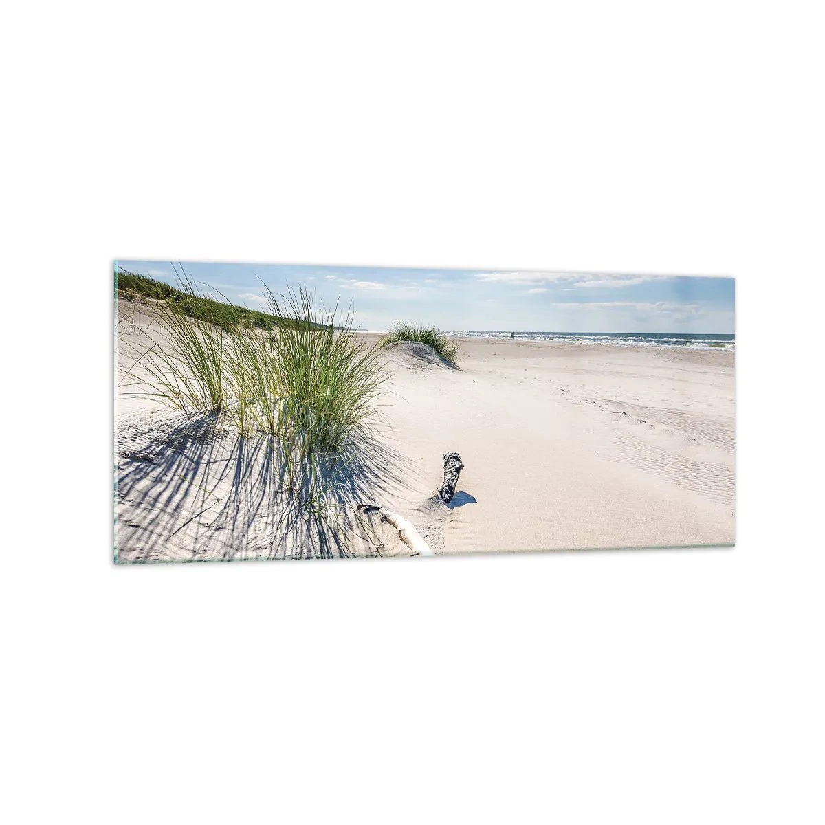 Cuadro sobre vidrio - Impresiones sobre Vidrio - Una playa báltica con arena, césped y un cielo azul tranquilo. - 120x50cm - ¿La más bella? Báltico - Decoración de pared moderna para salón y dormitorio ARTTOR