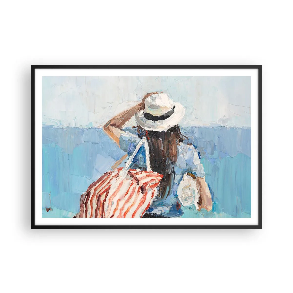 Póster en marco negro - Una mujer con sombrero frente al mar azul. - 100x70cm - Bienvenida a tus vacaciones - Decoración de pared moderna para salón y dormitorio ARTTOR