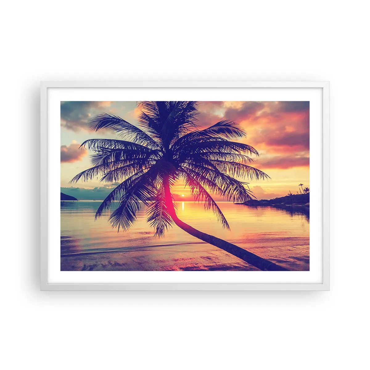 Póster en marco blanco - Atardecer bajo las palmeras - 70x50 cm