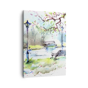 Cuadro sobre lienzo - Impresión de Imagen - Escena de parque de acuarela con bancos y lámparas. - 50x70cm - El encanto del silencio del parque - Decoración de pared moderna para salón y dormitorio ARTTOR