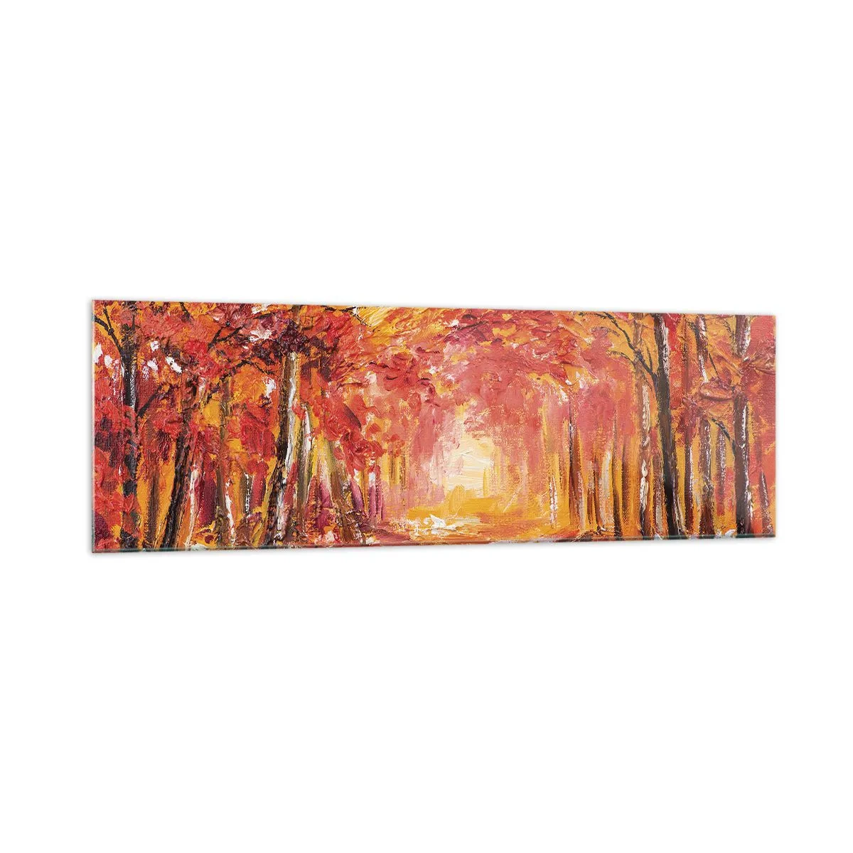 Cuadro sobre vidrio - Impresiones sobre Vidrio - Bosque otoñal en tonos cobre y dorado. - 160x50cm - Bosque de cobre - Decoración de pared moderna para salón y dormitorio ARTTOR