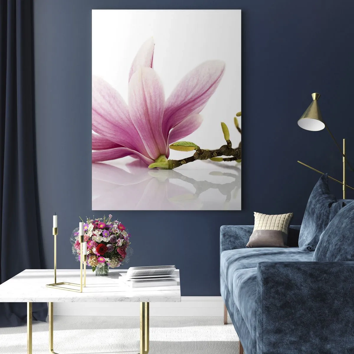 Cuadro sobre vidrio - Impresiones sobre Vidrio - Delicadas magnolias rosas sobre un fondo blanco. - 80x120cm - Suave como un soplo de primavera - Decoración de pared moderna para salón y dormitorio ARTTOR