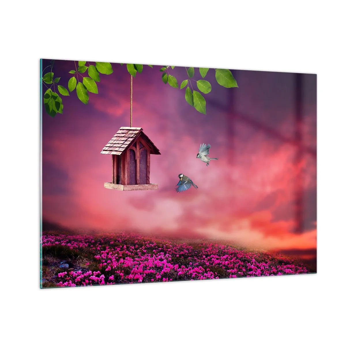 Cuadro sobre vidrio - Impresiones sobre Vidrio - Un comedero para pájaros contra un cielo rosado. - 100x70cm - Invitación a una cena - Decoración de pared moderna para salón y dormitorio ARTTOR