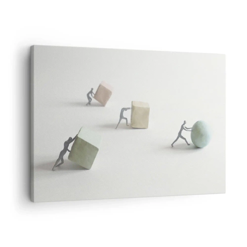 Cuadro sobre lienzo - Impresión de Imagen - Figuras en miniatura que empujan formas contra un fondo claro. - 70x50cm - El avance de la geometría - Decoración de pared moderna para salón y dormitorio ARTTOR