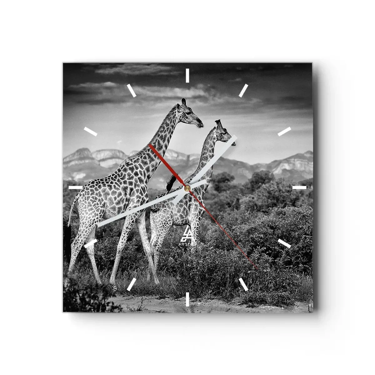 Reloj de pared - Reloj de vidrio - Siluetas en blanco y negro de dos jirafas en la sabana. - 30x30cm - La clase alta de África - Decoración de pared moderna para salón y dormitorio ARTTOR