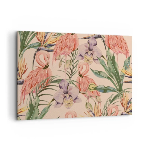 Cuadro sobre lienzo - Impresión de Imagen - Flamencos y flores tropicales sobre un fondo claro. - 120x80cm - Un ballet rosa en flores - Decoración de pared moderna para salón y dormitorio ARTTOR
