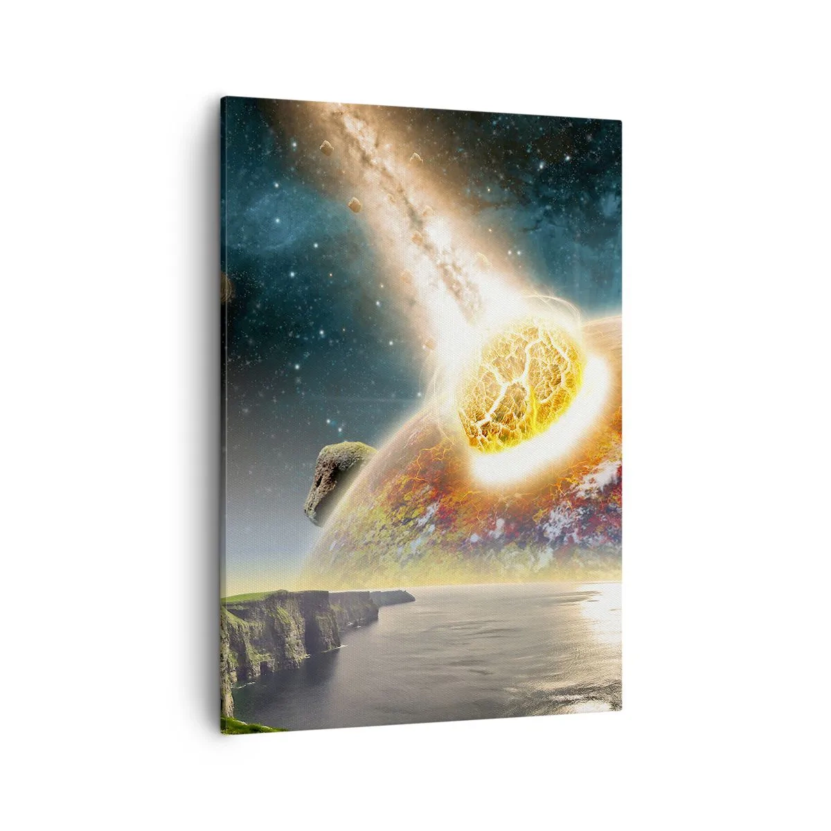 Cuadro sobre lienzo - Impresión de Imagen - Un meteorito choca con un planeta en un paisaje cósmico. - 50x70cm - Drama cósmico - Decoración de pared moderna para salón y dormitorio ARTTOR