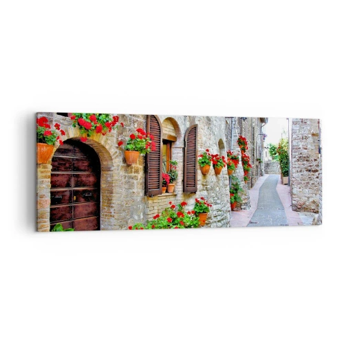 Cuadro sobre lienzo - Impresión de Imagen - Una calle estrecha con edificios de piedra decorados con macetas. - 140x50cm - Ambiente italiano - Decoración de pared moderna para salón y dormitorio ARTTOR