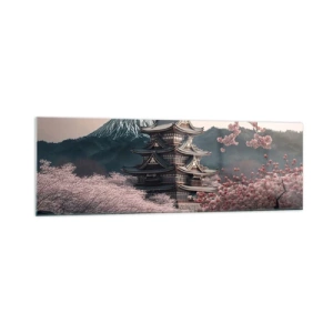 Cuadro sobre vidrio - Impresiones sobre Vidrio - Un templo japonés rodeado de flores de cerezo y montañas. - 160x50cm - Tierra de cerezos en flor - Decoración de pared moderna para salón y dormitorio ARTTOR