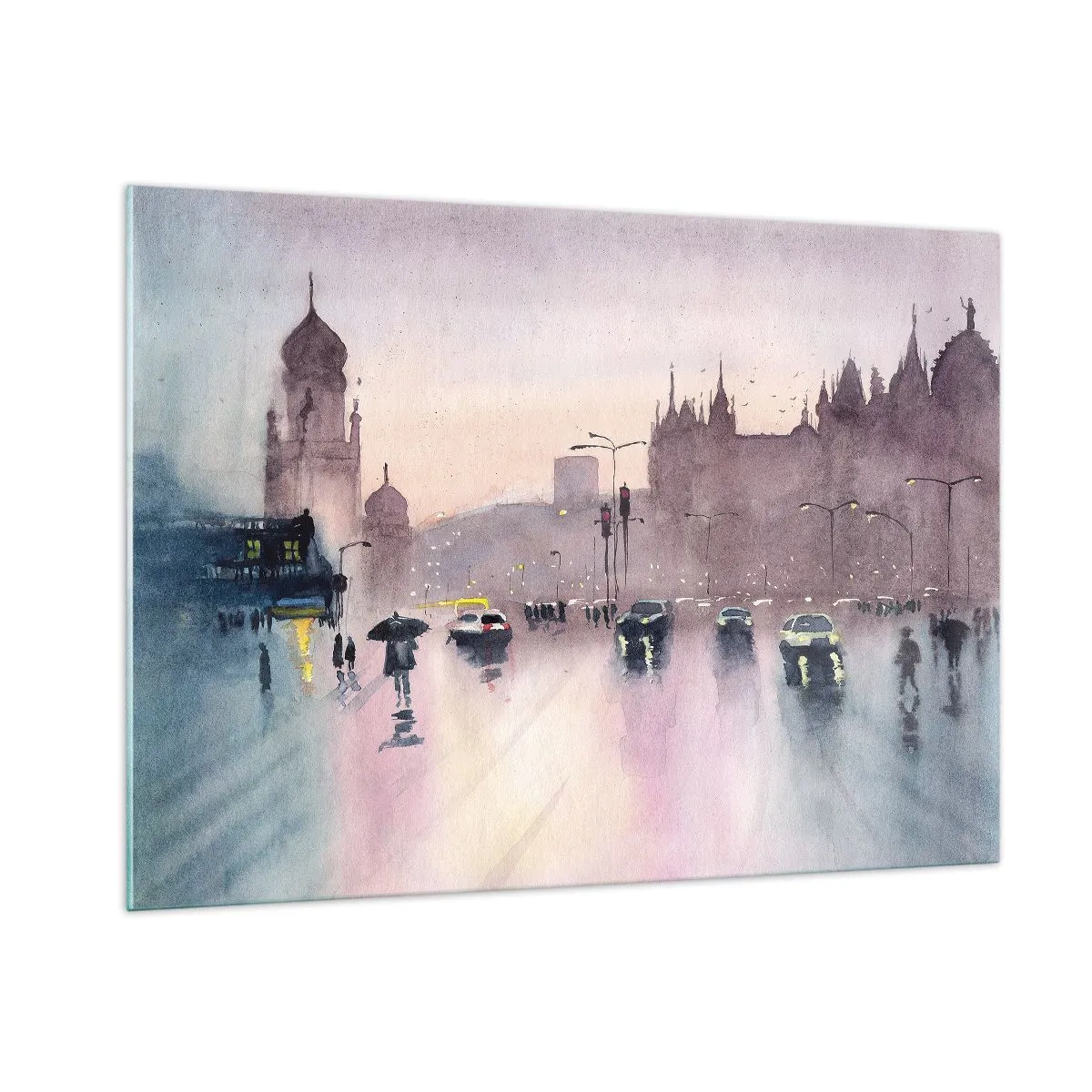 Cuadro sobre vidrio - Impresiones sobre Vidrio - Paisaje urbano lluvioso - 100x70cm - En una niebla lluviosa - Decoración de pared moderna para salón y dormitorio ARTTOR