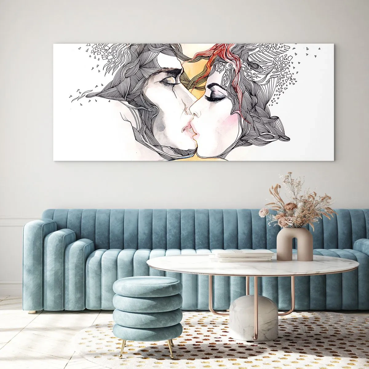 Cuadro sobre vidrio - Impresiones sobre Vidrio - Retrato artístico de una pareja con motivos abstractos en el cabello. - 140x50cm - El mundo no importa - Decoración de pared moderna para salón y dormitorio ARTTOR