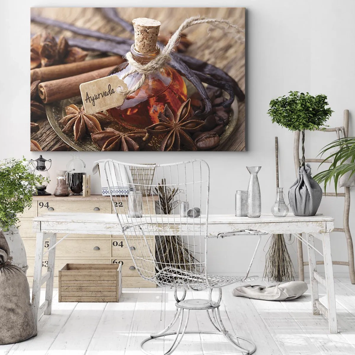 Cuadro sobre lienzo - Impresión de Imagen - Una botella de aceite de especias en una bandeja. - 70x50cm - Hacia la unidad del cuerpo y el espíritu - Decoración de pared moderna para salón y dormitorio ARTTOR
