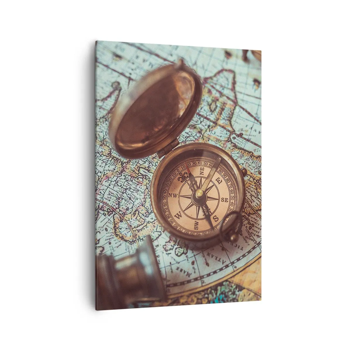 Cuadro sobre lienzo - Impresión de Imagen - Composición con brújula, llaves y un mapa antiguo en estilo retro - 70x100cm - Para el aventurero - Decoración de pared moderna para salón y dormitorio ARTTOR