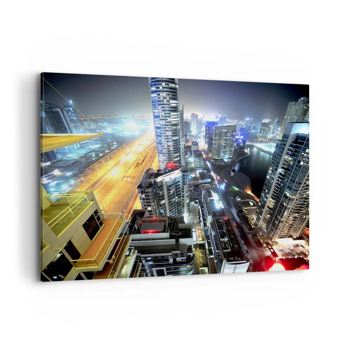 Cuadro sobre lienzo - Impresión de Imagen - Panorama de la ciudad nocturna con rascacielos iluminados - 100x70cm - Un milagro en el desierto - Decoración de pared moderna para salón y dormitorio ARTTOR