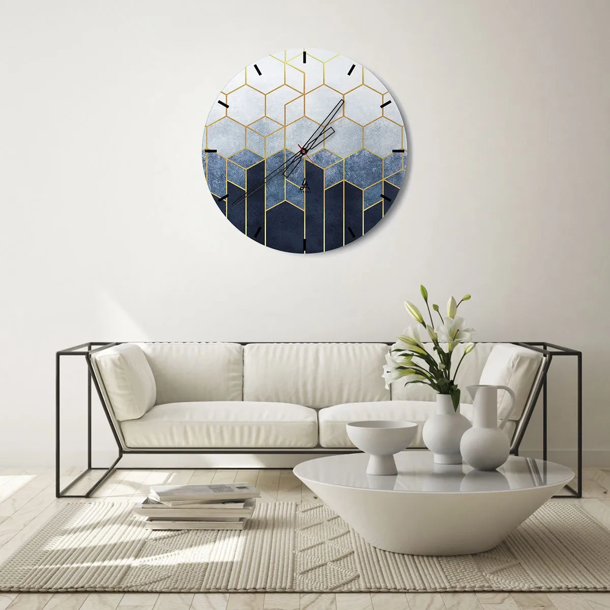 Reloj de pared - Reloj de vidrio - Patrón de cubo geométrico en tonos azules y dorados. - 30x30cm - Composición rítmica visual - Decoración de pared moderna para salón, cocina y dormitorio ARTTOR