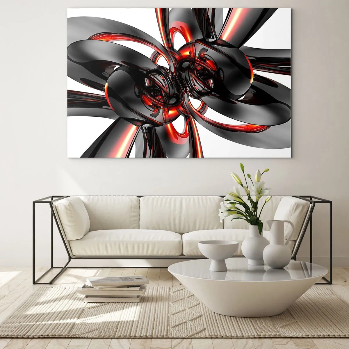 Cuadro sobre vidrio - Impresiones sobre Vidrio - Abstracción moderna en negro y rojo. - 100x70cm - Movimiento en grafito y rojo - Decoración de pared moderna para salón y dormitorio ARTTOR