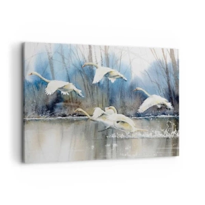 Cuadro sobre lienzo - Impresión de Imagen - Cisnes en vuelo sobre un lago congelado en un paisaje invernal - 100x70cm - Como en un cuento de cisnes salvajes - Decoración de pared moderna para salón y dormitorio ARTTOR