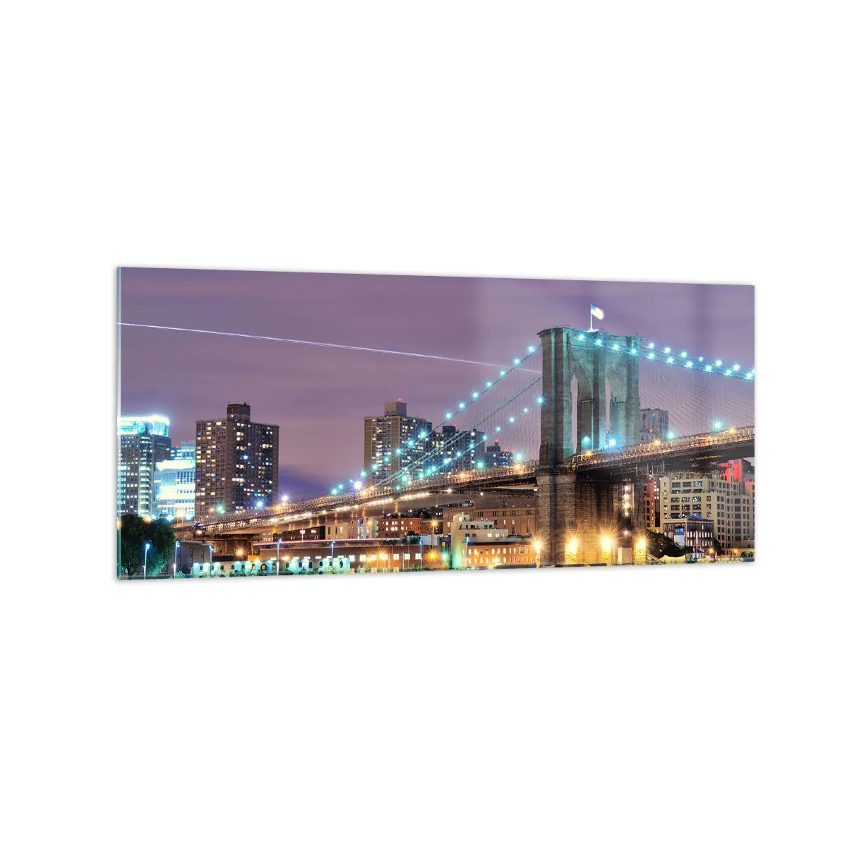 Cuadro sobre vidrio - Impresiones sobre Vidrio - Puente de Brooklyn de noche con la ciudad iluminada al fondo - 120x50cm - Durante muchos años, el puente de Brooklyn - Decoración de pared moderna para salón y dormitorio ARTTOR