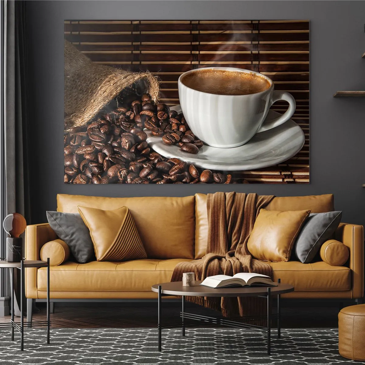 Cuadro sobre vidrio - Impresiones sobre Vidrio - Una taza de café con granos sobre un fondo rústico. - 100x70cm - La negrura del carbón, la transparencia del ámbar - Decoración de pared moderna para salón y dormitorio ARTTOR