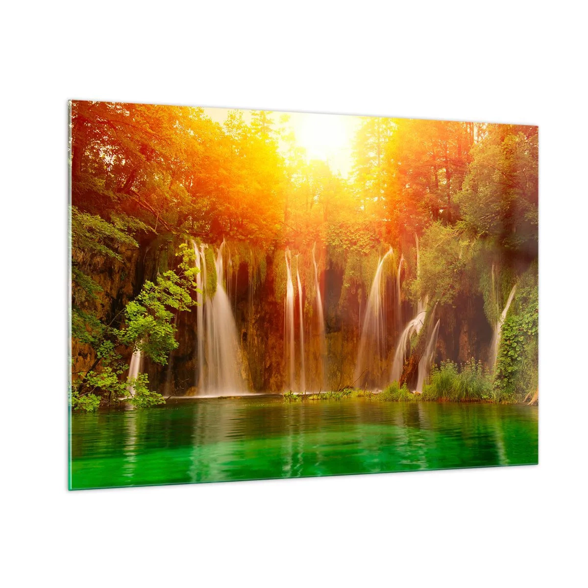 Cuadro sobre vidrio - Impresiones sobre Vidrio - Cascadas en un bosque soleado con agua turquesa. - 100x70cm - Sol y sombra - Decoración de pared moderna para salón y dormitorio ARTTOR
