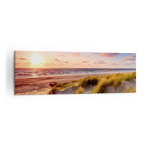 Cuadro sobre lienzo - Impresión de Imagen - Una playa cubierta de hierba y una puesta de sol sobre un mar en calma. - 160x50cm - Se siente la brisa veraniega - Decoración de pared moderna para salón y dormitorio ARTTOR