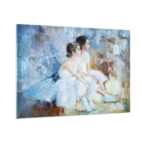Cuadro sobre vidrio - Impresiones sobre Vidrio - Dos bailarinas con vestidos blancos sobre un fondo impresionista. - 100x70cm - Cisnes jóvenes descansando - Decoración de pared moderna para salón y dormitorio ARTTOR
