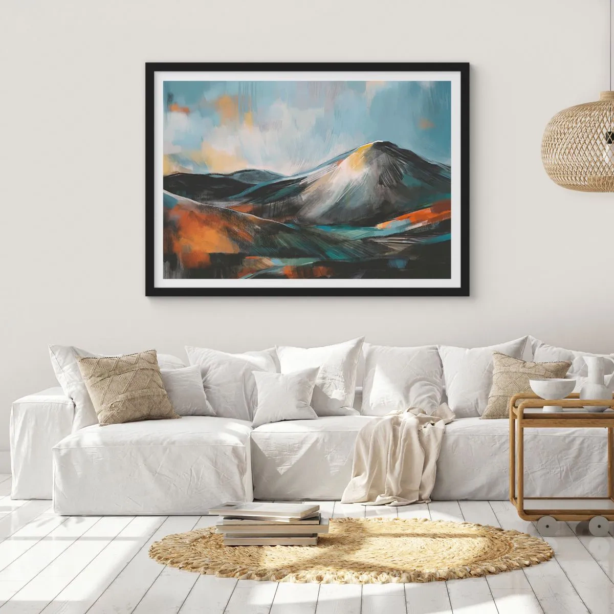 Póster en marco negro - Paisaje montañoso abstracto en tonos cálidos - 70x50cm - Crudo y bello - Decoración de pared moderna para salón y dormitorio ARTTOR