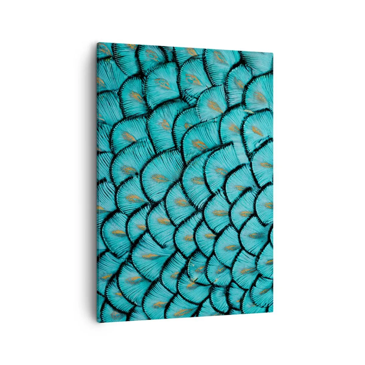 Cuadro sobre lienzo - Impresión de Imagen - Un patrón que se asemeja a escamas turquesas con acentos dorados. - 50x70cm - La gran gala de las plumas - Decoración de pared moderna para salón y dormitorio ARTTOR