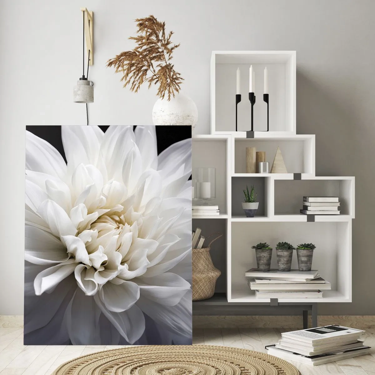 Cuadro sobre vidrio - Impresiones sobre Vidrio - Una delicada flor blanca sobre un fondo negro en una elegante composición. - 80x120cm - La novia de la mañana - Decoración de pared moderna para salón y dormitorio ARTTOR