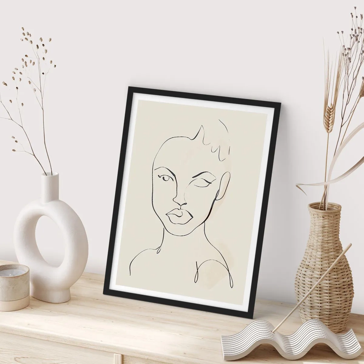 Póster en marco negro - Retrato de rostro en arte lineal abstracto - 50x70cm - Un esbozo de sensualidad - Decoración de pared moderna para salón y dormitorio ARTTOR