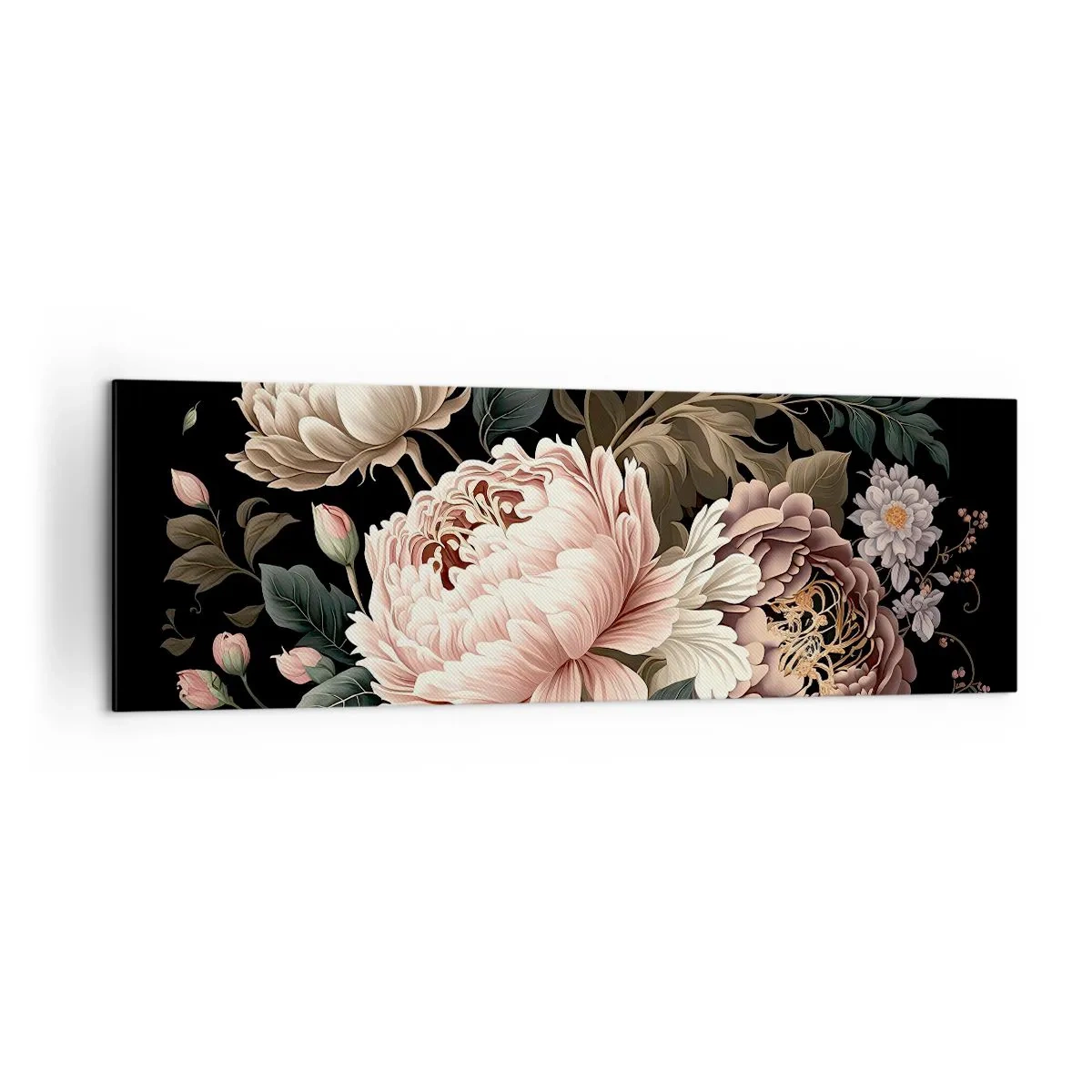 Cuadro sobre lienzo - Impresión de Imagen - Un ramo de flores rosas y mariposas sobre un fondo negro. - 160x50cm - En estilo barroco - Decoración de pared moderna para salón y dormitorio ARTTOR