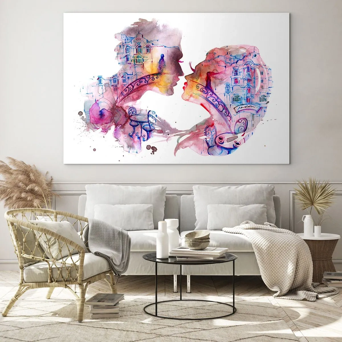 Cuadro sobre vidrio - Impresiones sobre Vidrio - Ilustración de un retrato abstracto de dos personas en forma de corazón. - 70x50cm - Un puente secreto de suspiros - Decoración de pared moderna para salón y dormitorio ARTTOR