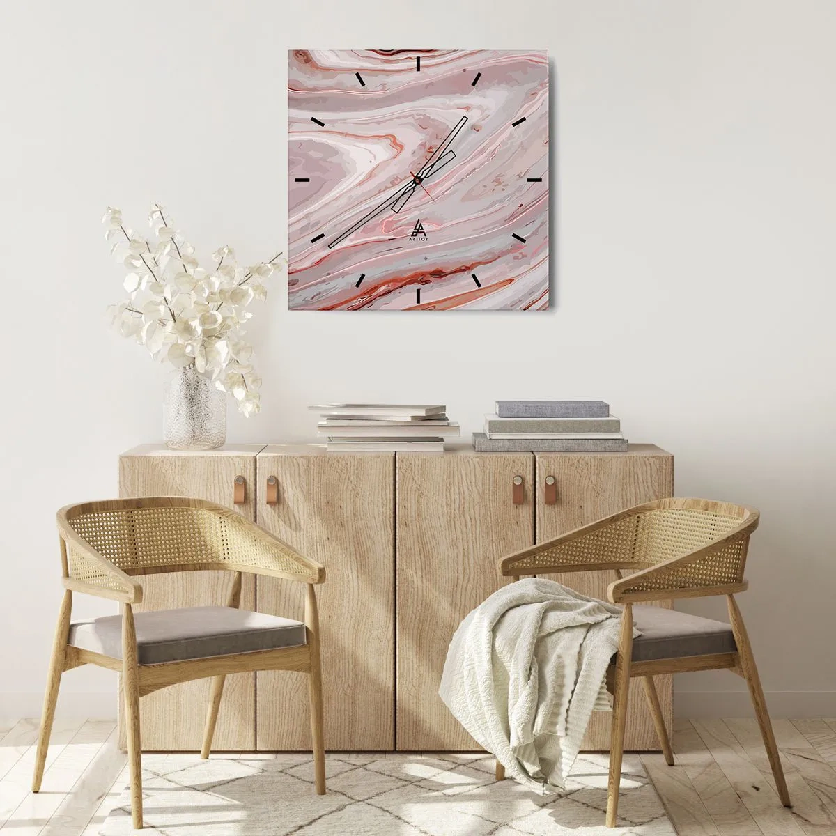 Reloj de pared - Reloj de vidrio - Ondas abstractas en delicados tonos rosa y beige. - 30x30cm - Rosa líquido - Decoración de pared moderna para salón y dormitorio ARTTOR