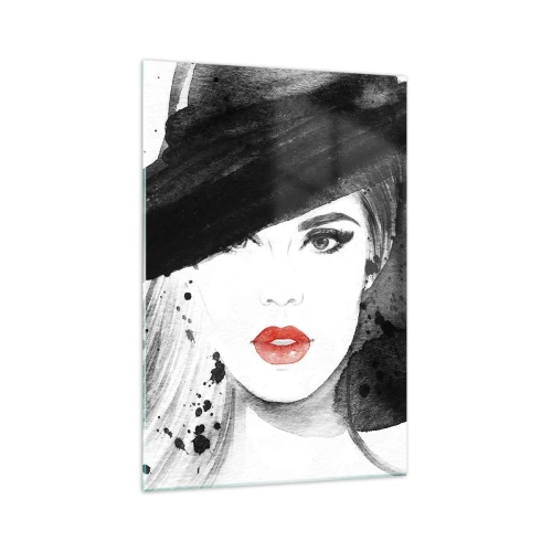 Cuadro sobre vidrio - Impresiones sobre Vidrio - Retrato de una mujer con sombrero y labios rojos. - 70x100cm - Dama de negro - Decoración de pared moderna para salón y dormitorio ARTTOR