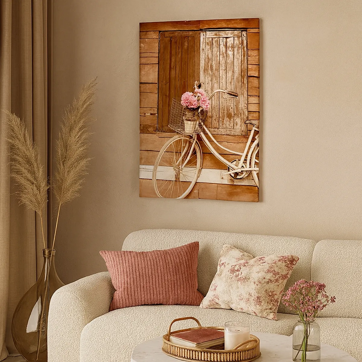 Cuadro sobre lienzo - Impresión de Imagen - Una bicicleta con una cesta llena de rosas contra una pared de madera. - 50x70cm - Ahora mismo vuelvo - Decoración de pared moderna para salón y dormitorio ARTTOR