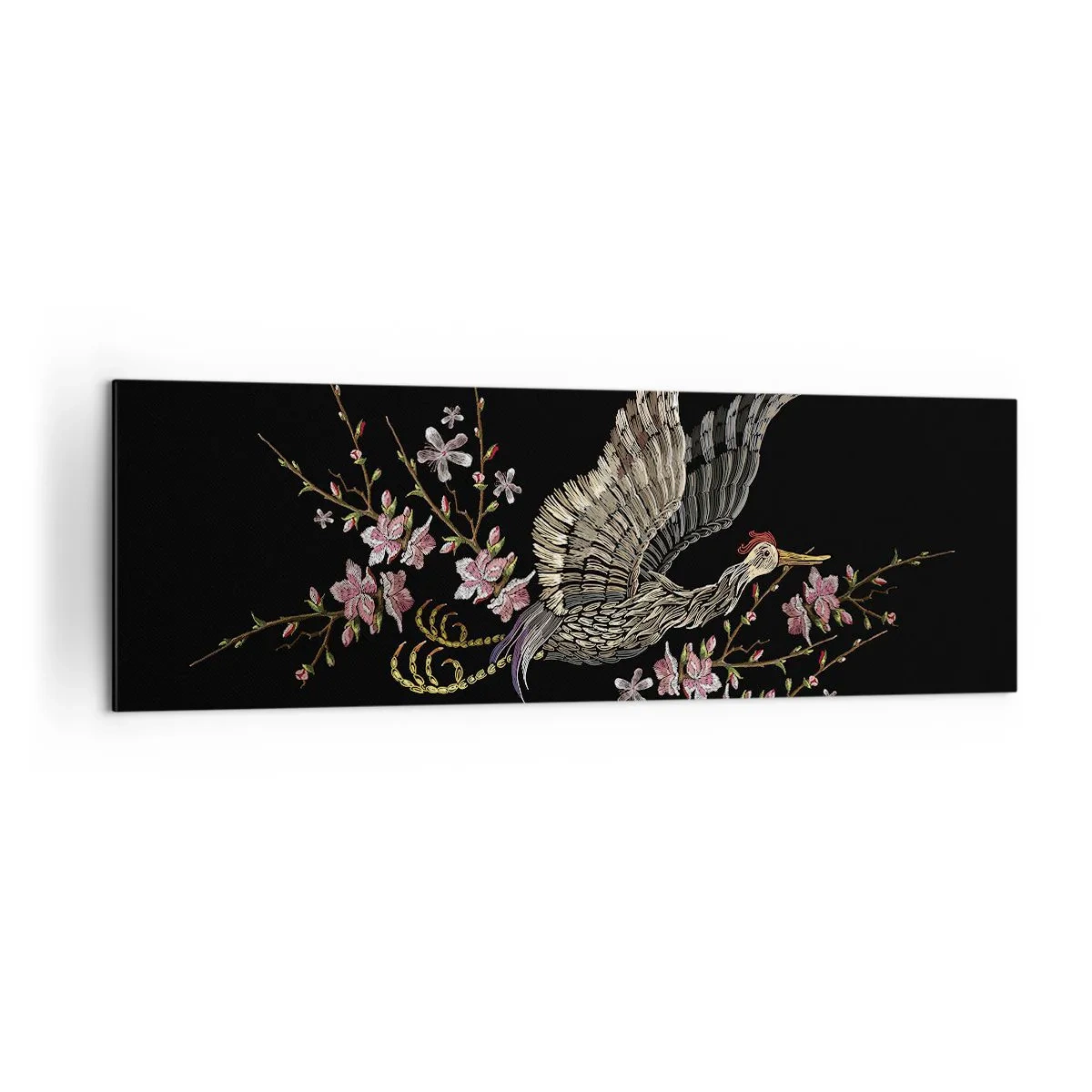 Cuadro sobre lienzo - Impresión de Imagen - Un pájaro en vuelo con flores sobre un fondo negro. - 160x50cm - Ave florida - Decoración de pared moderna para salón y dormitorio ARTTOR